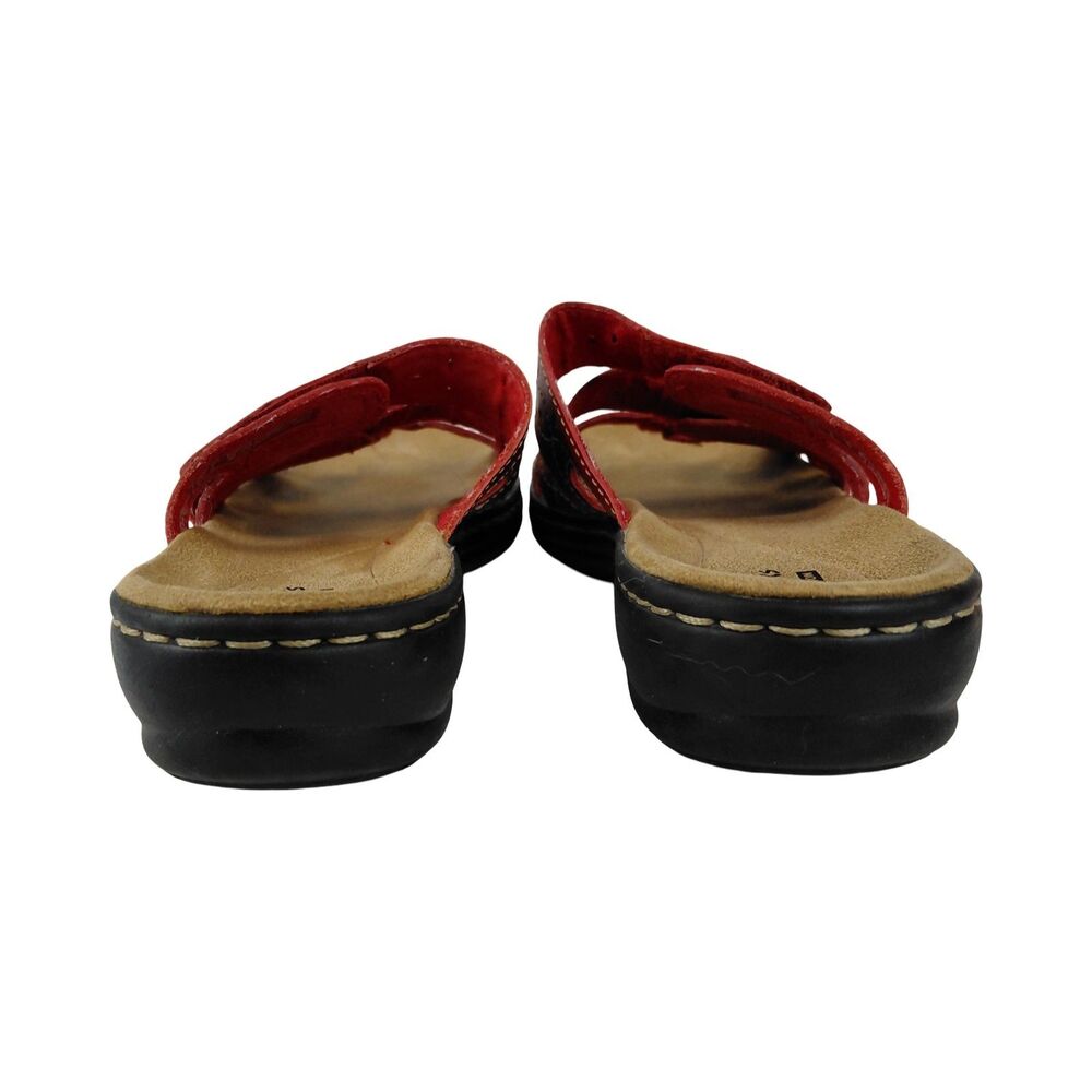 Clarks Red Leather Wedge Sandals Slip On Strappy Cutout Womens Size 9N - Picture 7 of 9